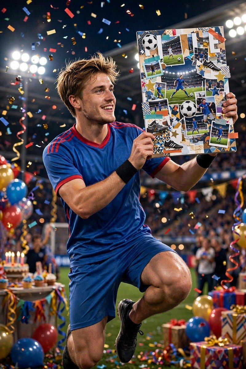 Dynamic sports magazine birthday cover with action photo and bold athletic typography