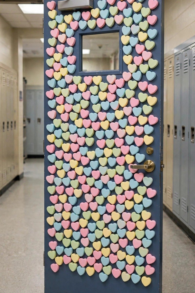 Classroom door decorated with pastel conversation candy hearts