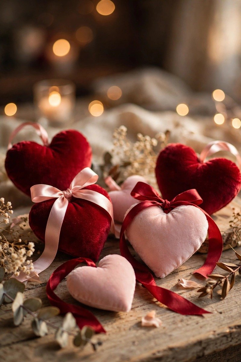 Velvet heart ornaments with satin ribbon on a table