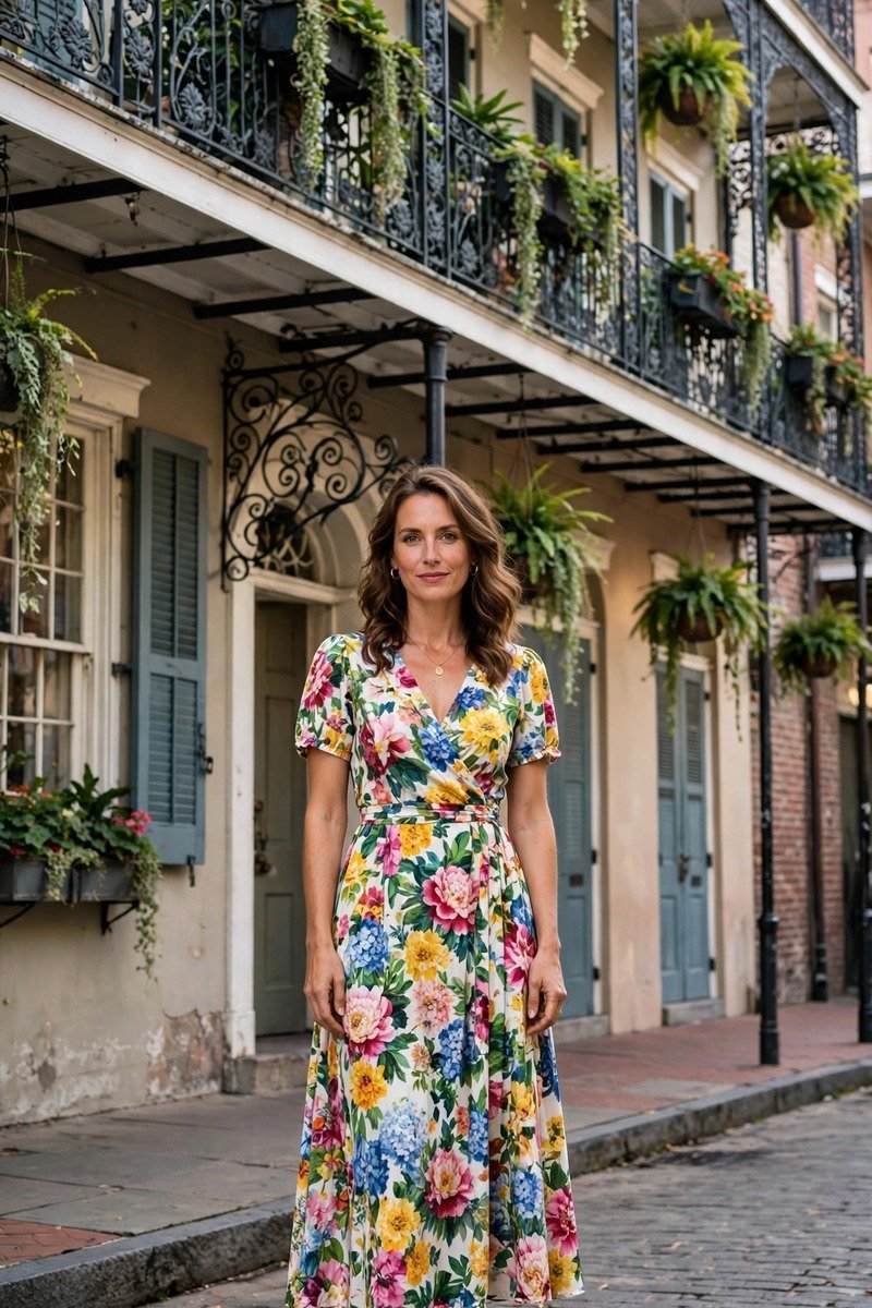 Woman in a floral midi dress in the French Quarter