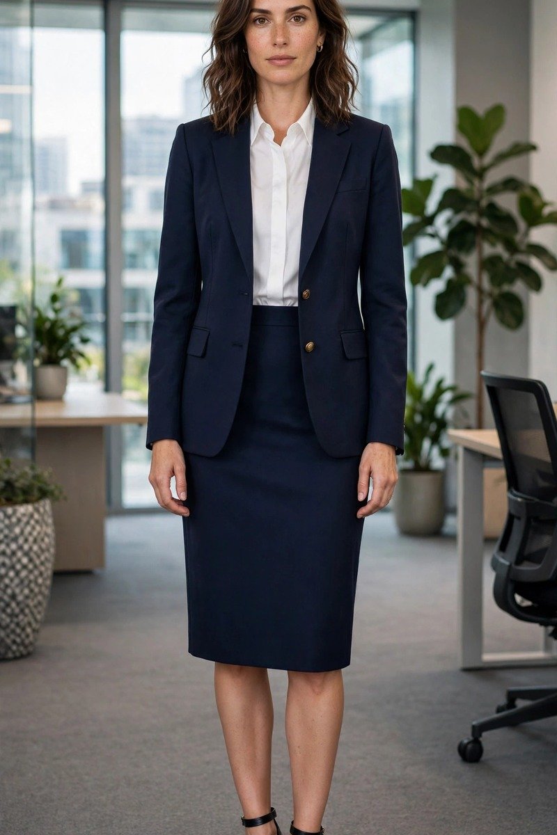Woman in a navy skirt suit