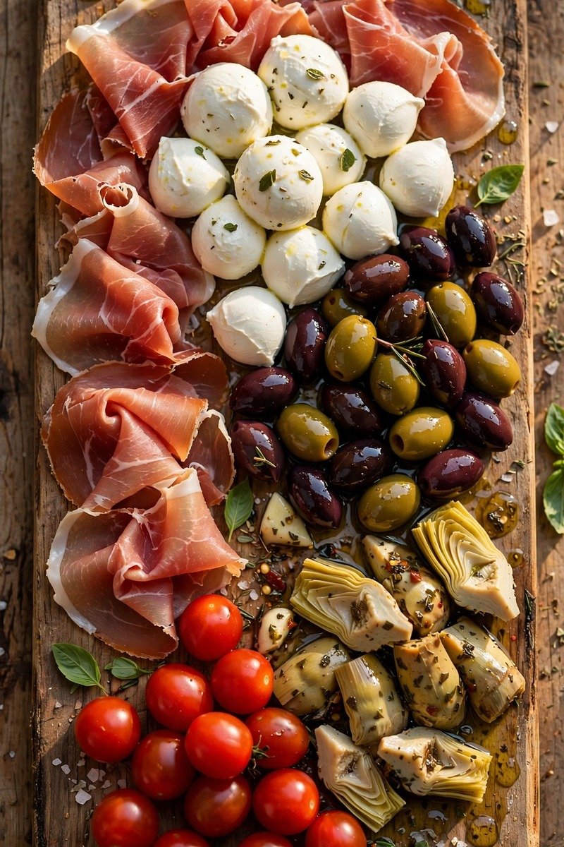 Italian antipasto board with prosciutto and fresh mozzarella