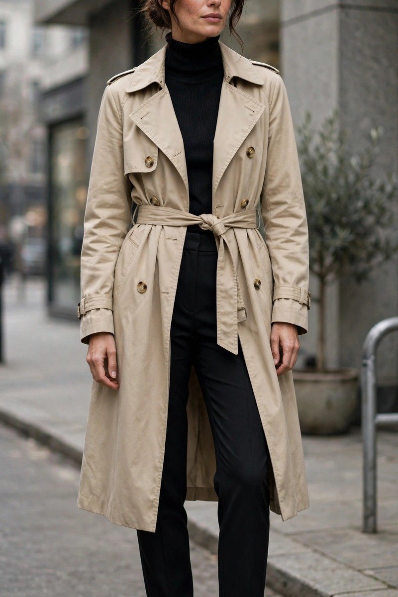 Woman in trench coat with black turtleneck and trousers