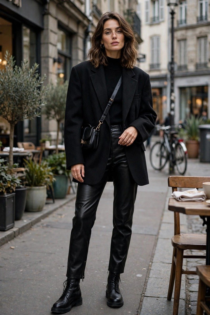 Woman in leather pants with oversized blazer