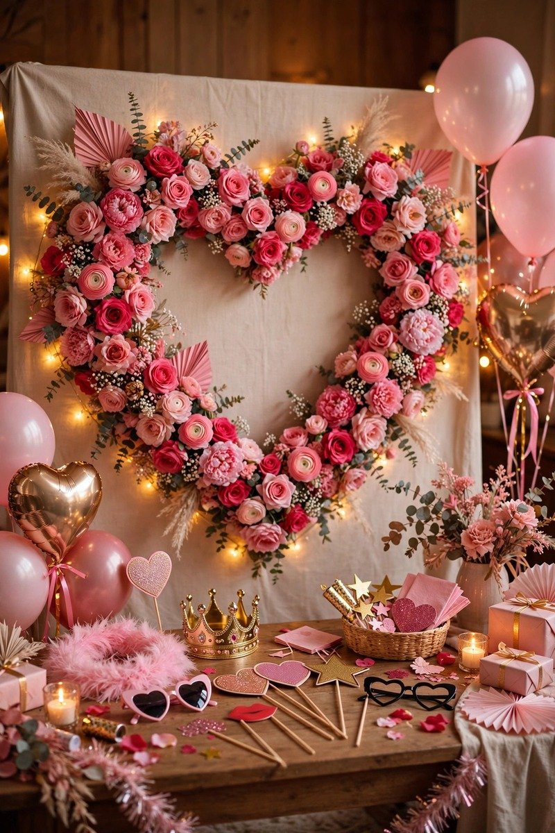 Heart-shaped photo backdrop with party props