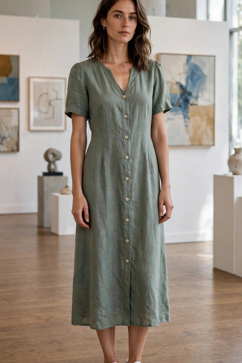 Woman in midi dress with white sneakers in an art gallery