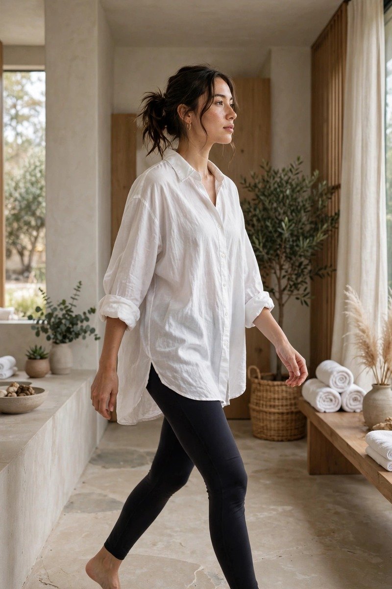 Woman in oversized white shirt and leggings at a spa