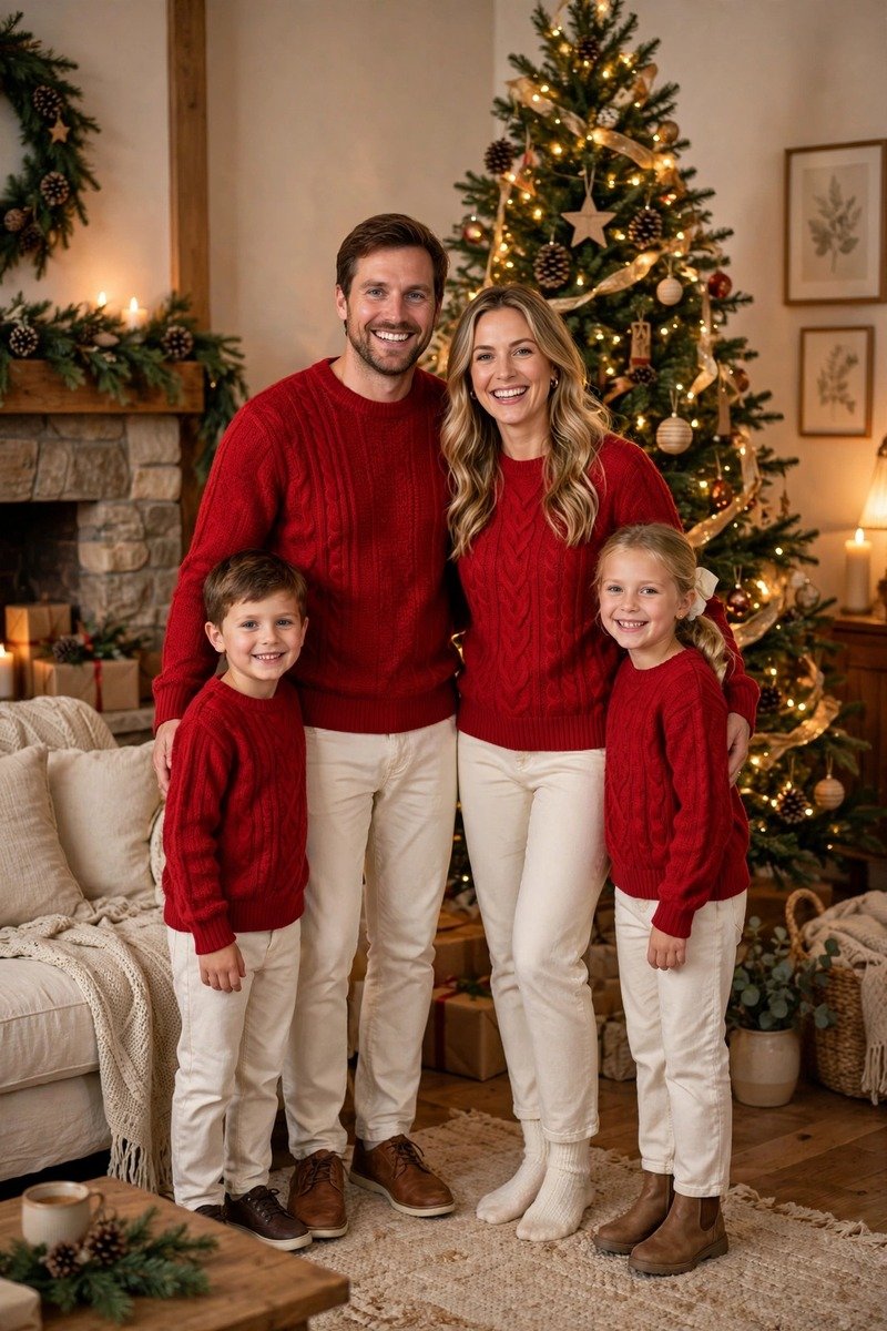 Family in red sweaters and cream pants posing for a Christmas photo