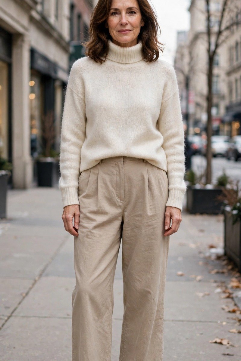 Woman over 40 in a cream turtleneck with wide leg trousers