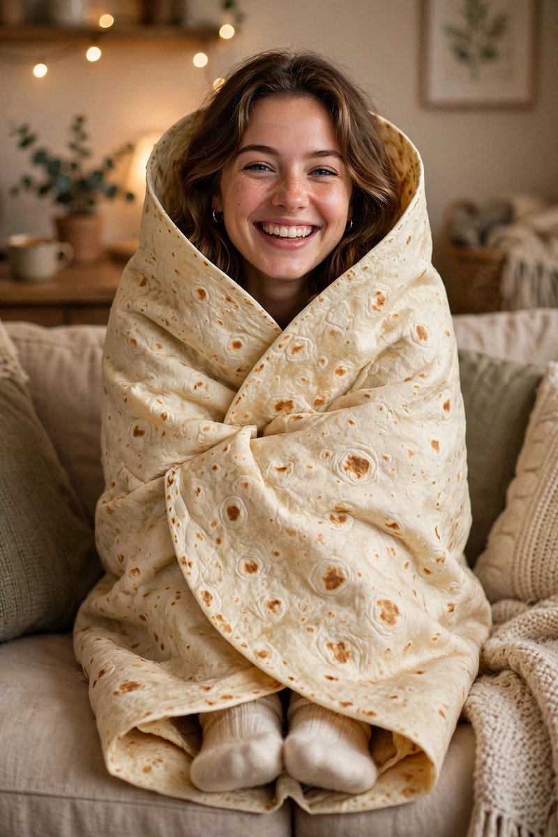 Person wrapped in a tortilla blanket laughing