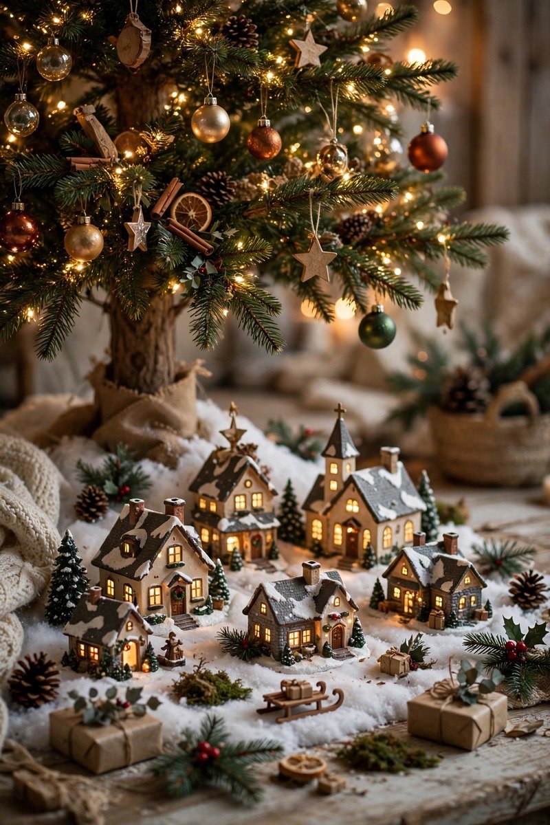 Christmas village display around the base of a Christmas tree