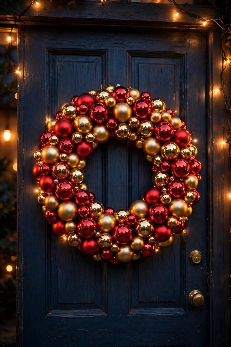 Christmas wreath made of shiny red and gold ornament balls