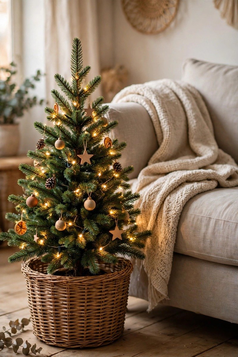 Mini Christmas tree in a woven basket beside a sofa