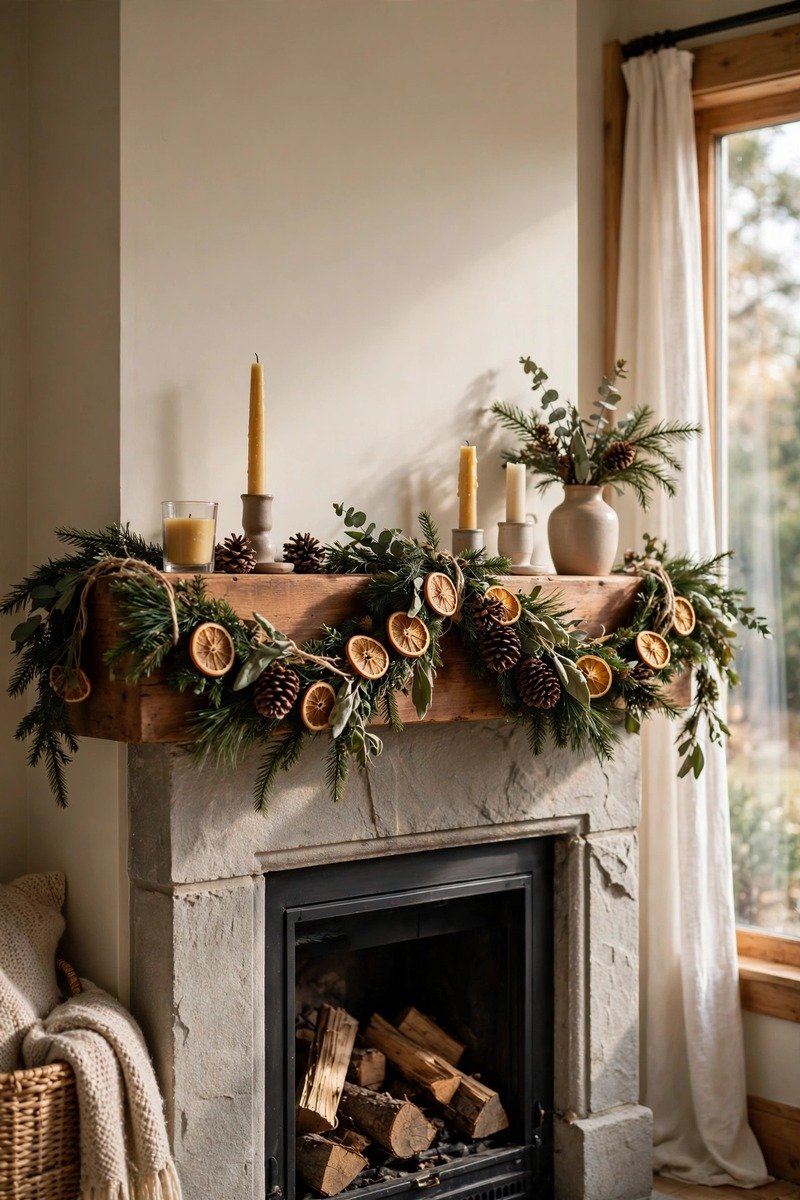 Christmas mantle garland with dried orange slices and pinecones