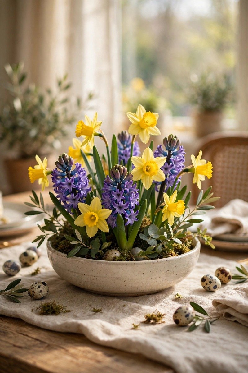 Daffodils and hyacinths in a low bowl centerpiece