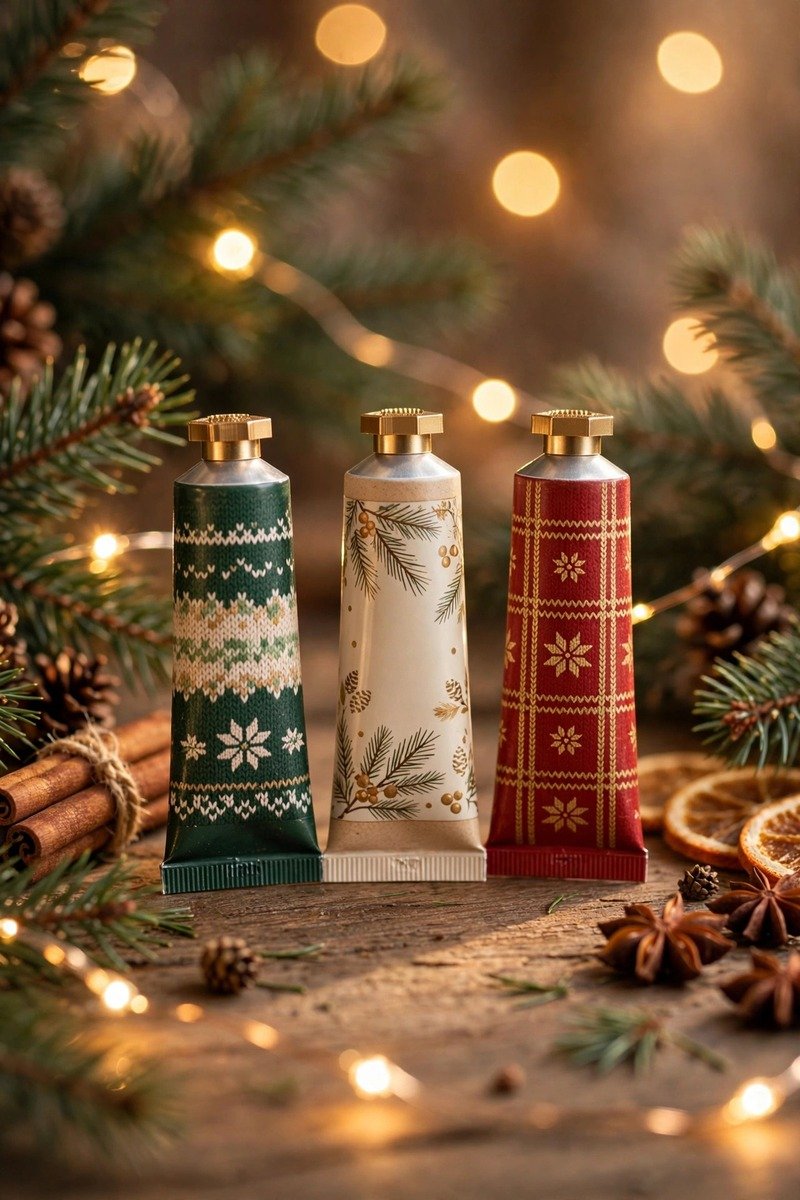 Trio of mini hand creams in festive packaging