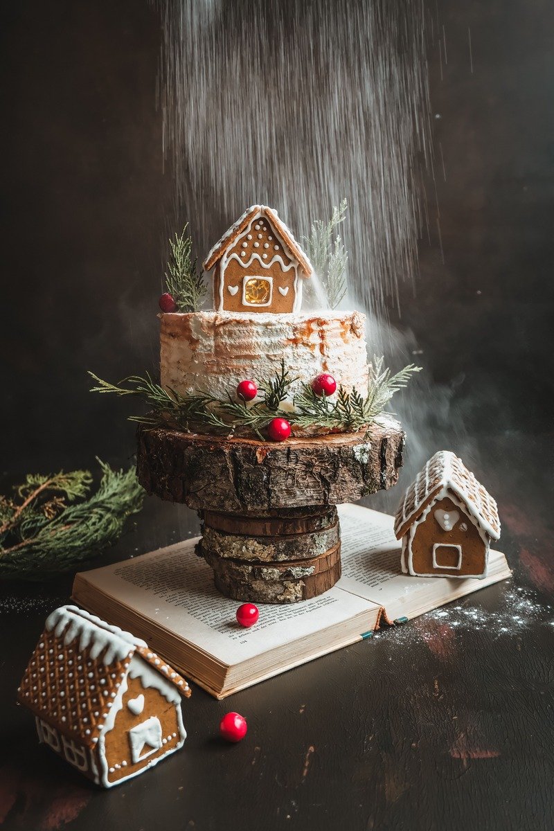 Gingerbread cake with white frosting and a gingerbread house cookie