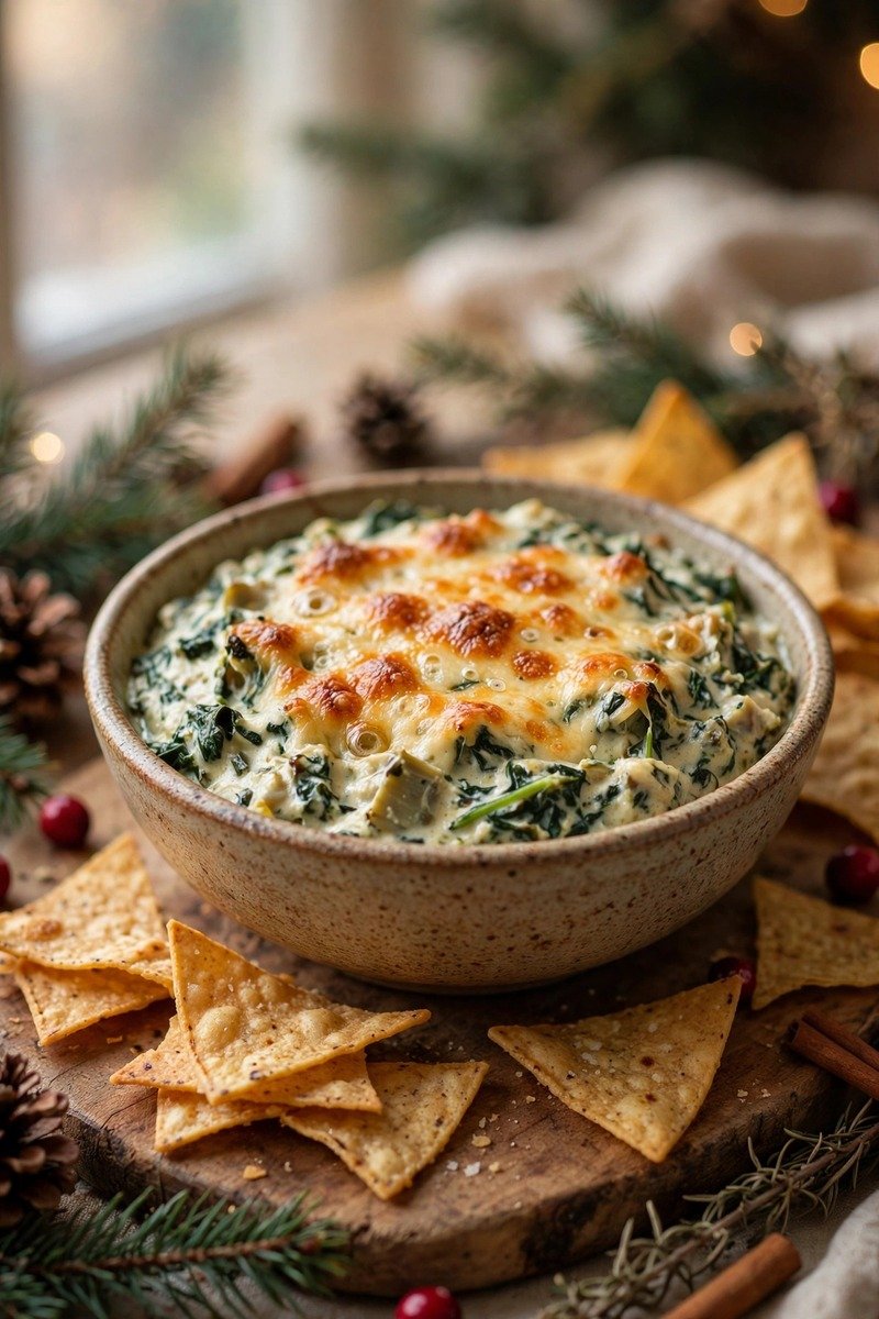 Creamy spinach and artichoke dip in a bowl with chips