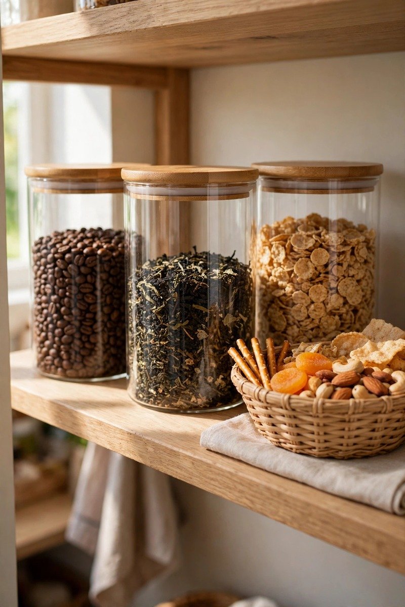 Pantry shelf with daily items stored at eye level
