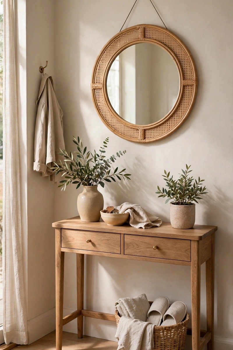Round mirror above a console in a small entryway