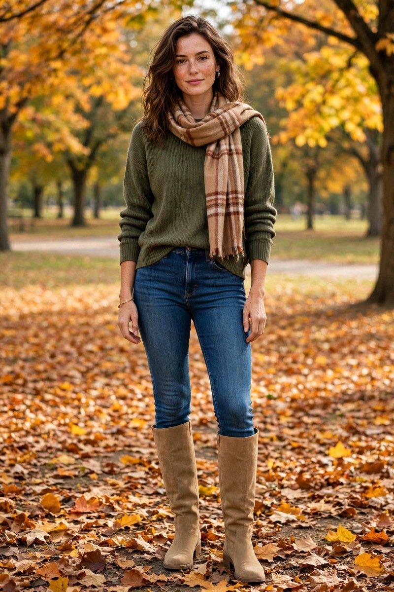 blue skinny jeans with tall tan suede boots and a chunky knit sweater