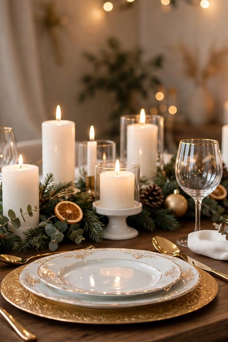 white and gold Christmas table decor
