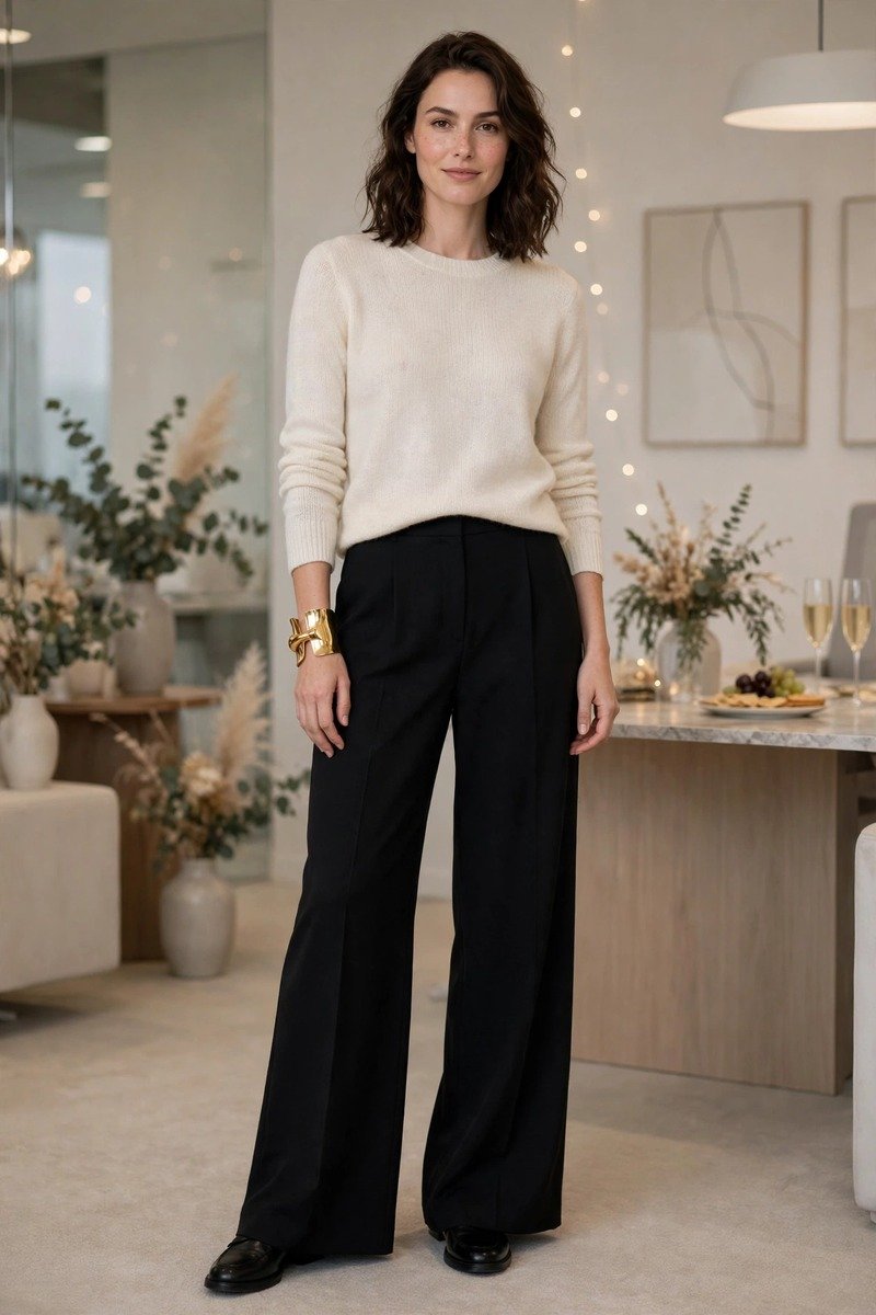 Christmas party outfit wide leg trousers fine knit cuff