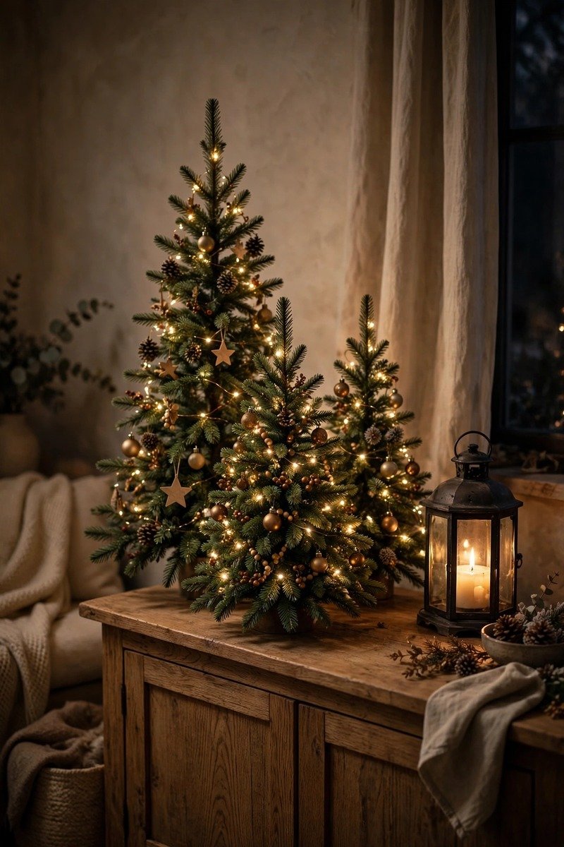 Cluster of mini Christmas trees on a sideboard