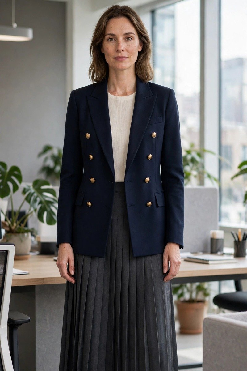 Double breasted blazer with a midi skirt
