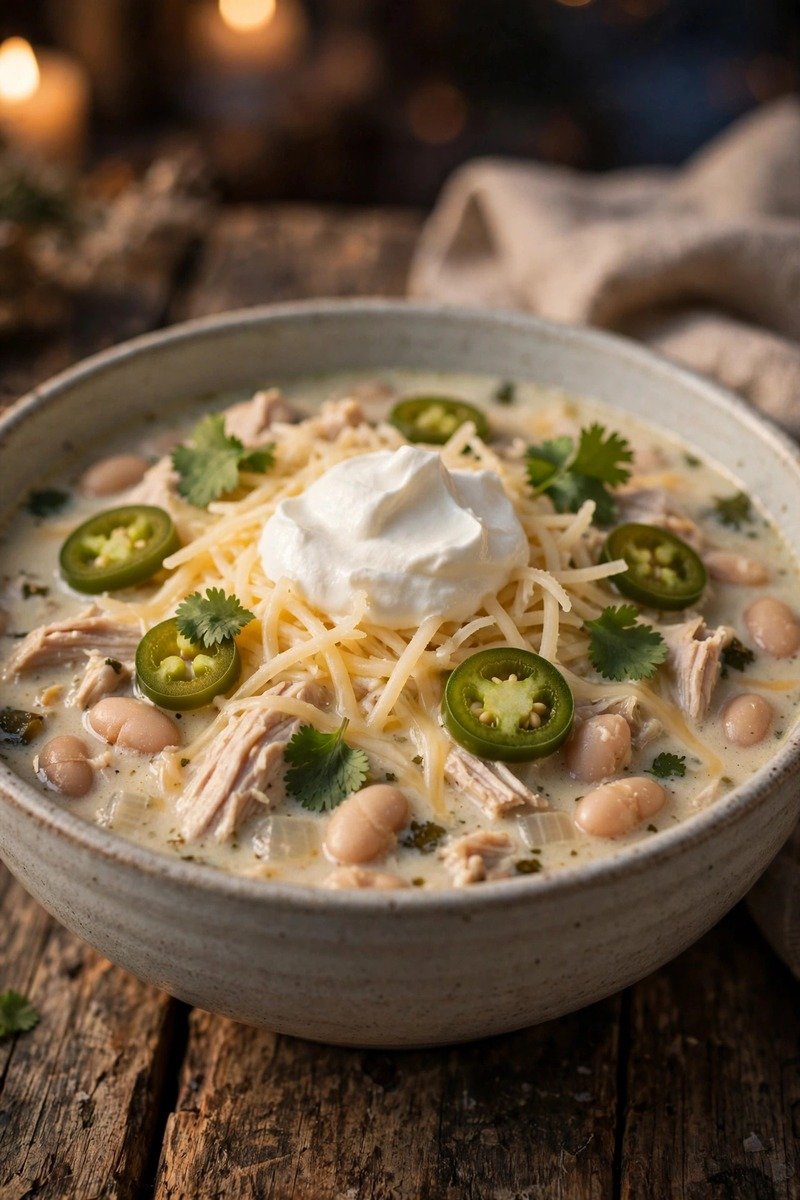 White chicken chili with toppings