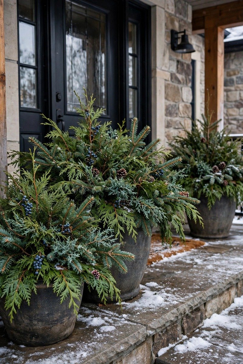 Winter planters with cedar and spruce tips