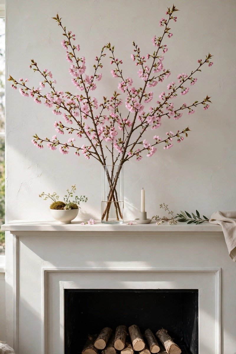 Blossom branches in a tall vase on a mantel