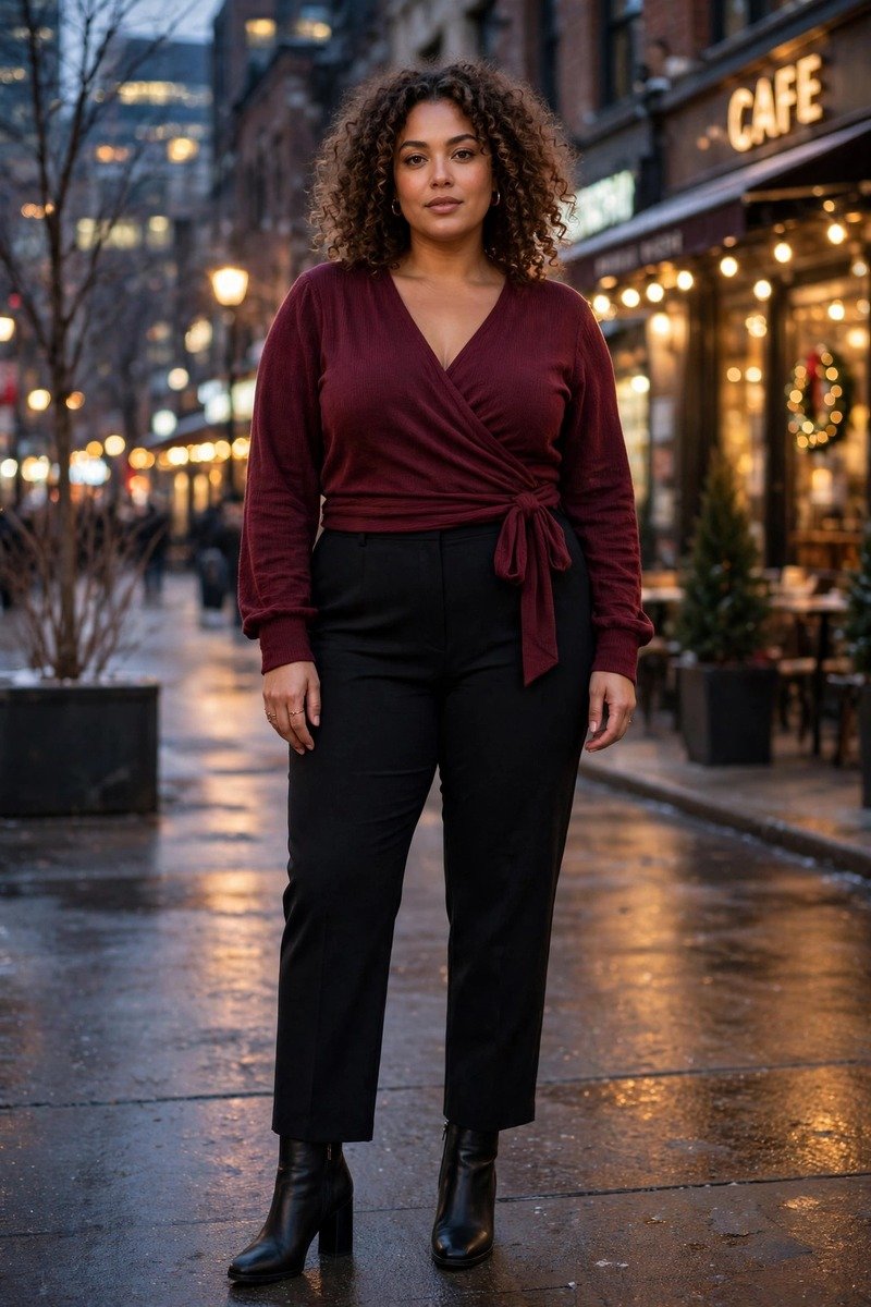 Burgundy wrap top with straight leg trousers