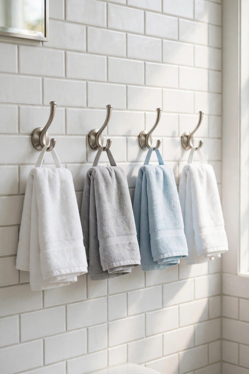 Row of wall hooks holding towels in a small bathroom