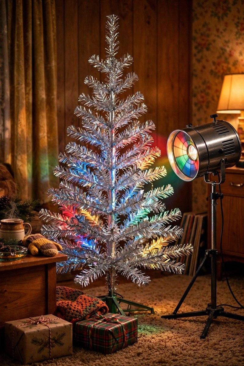 Retro aluminum silver Christmas tree with color wheel