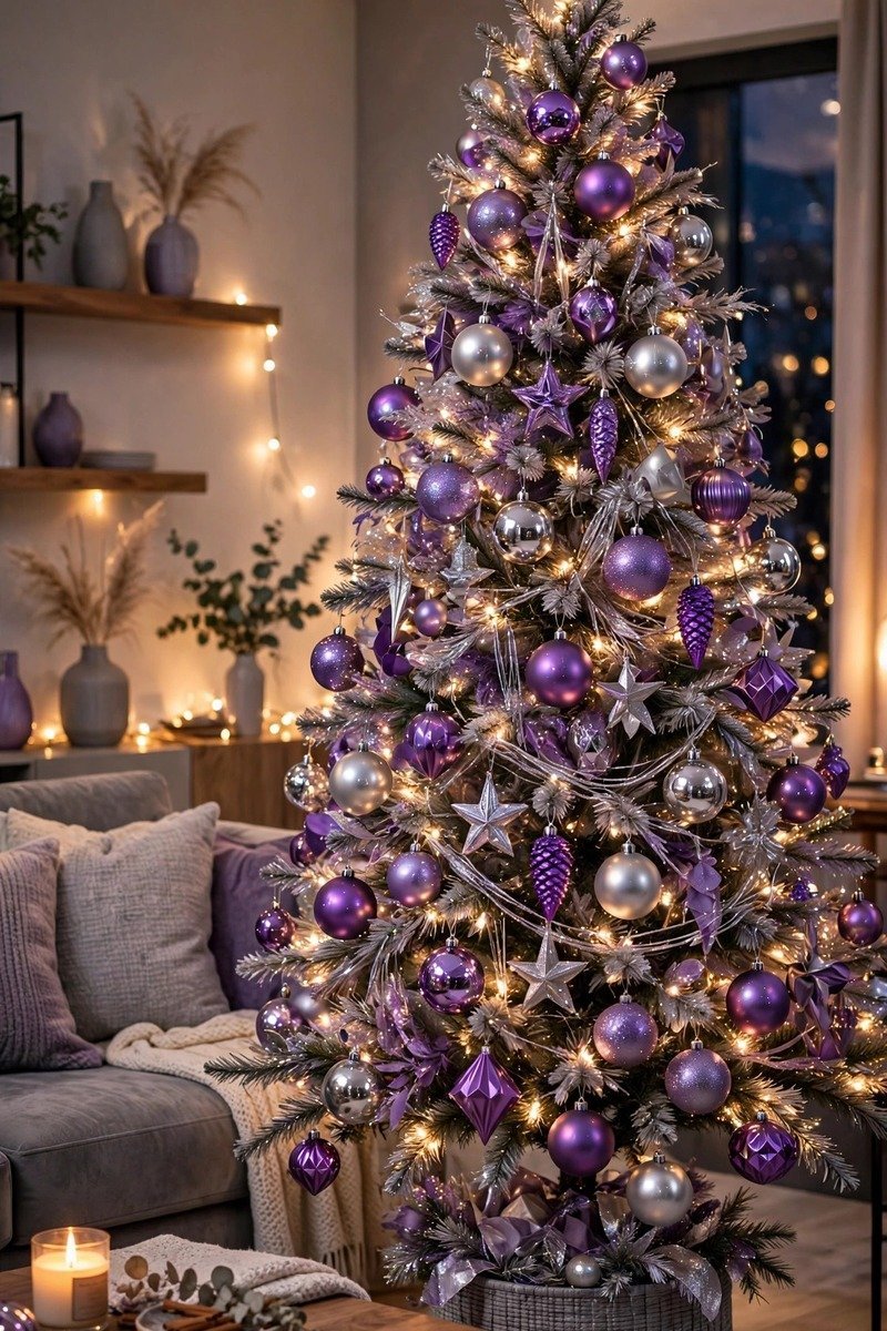 Purple and silver Christmas tree with metallic ornaments in a modern living room