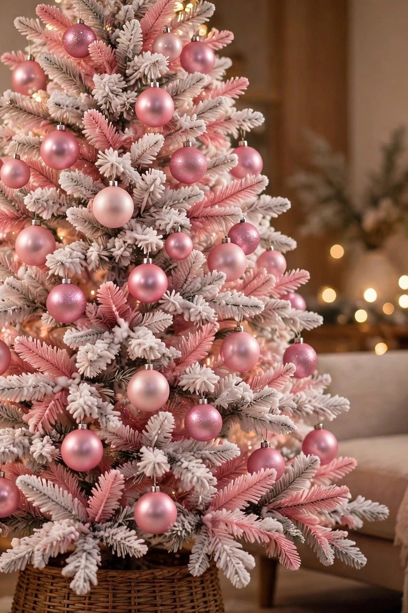 Pink and white Christmas tree with white flocking and pink baubles
