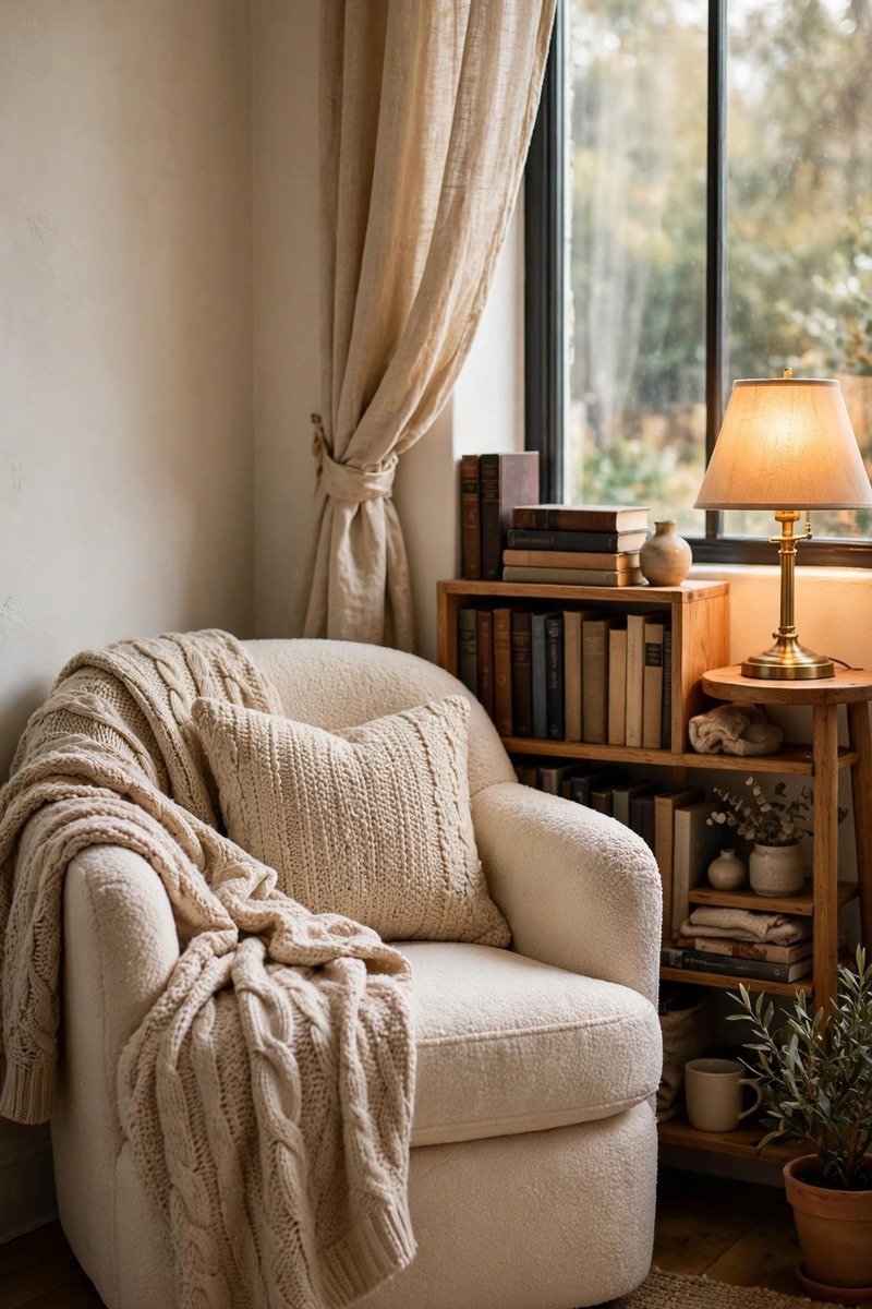 Cozy living room reading nook with armchair, floor lamp, and stacked books