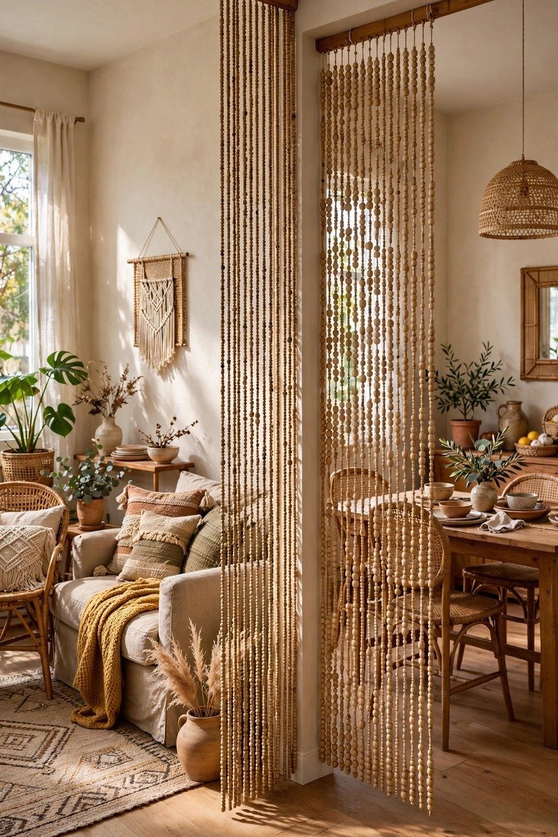 Bamboo beaded curtain dividing a living room doorway