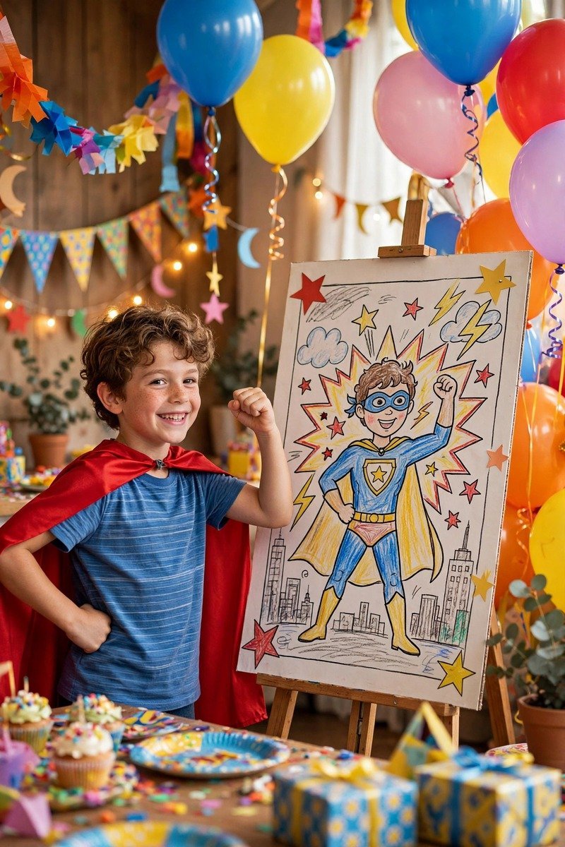 Colorful kids superhero birthday magazine cover with cape photo and comic-style headlines