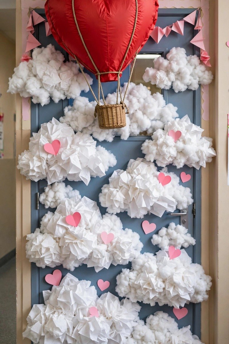 Classroom door with heart-shaped hot air balloon and clouds
