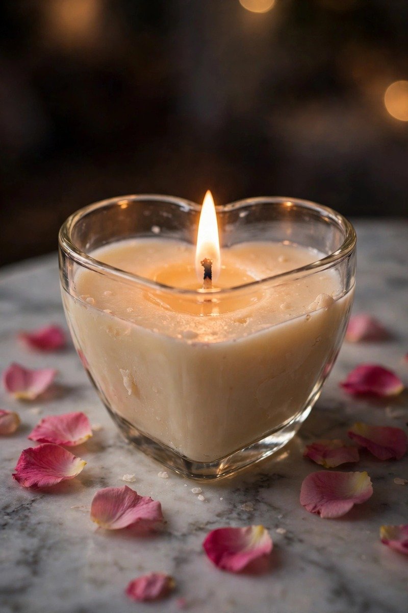 Homemade soy candle in a heart-shaped glass jar