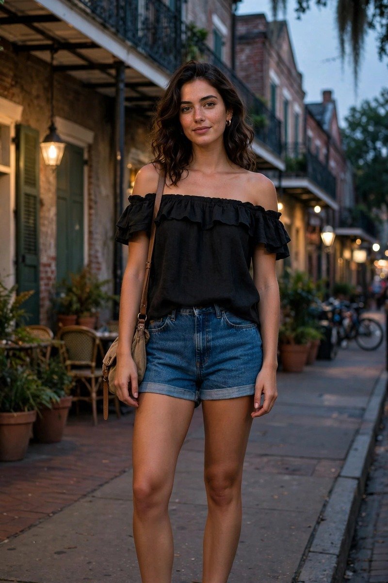 Woman in denim shorts and off-shoulder top at night