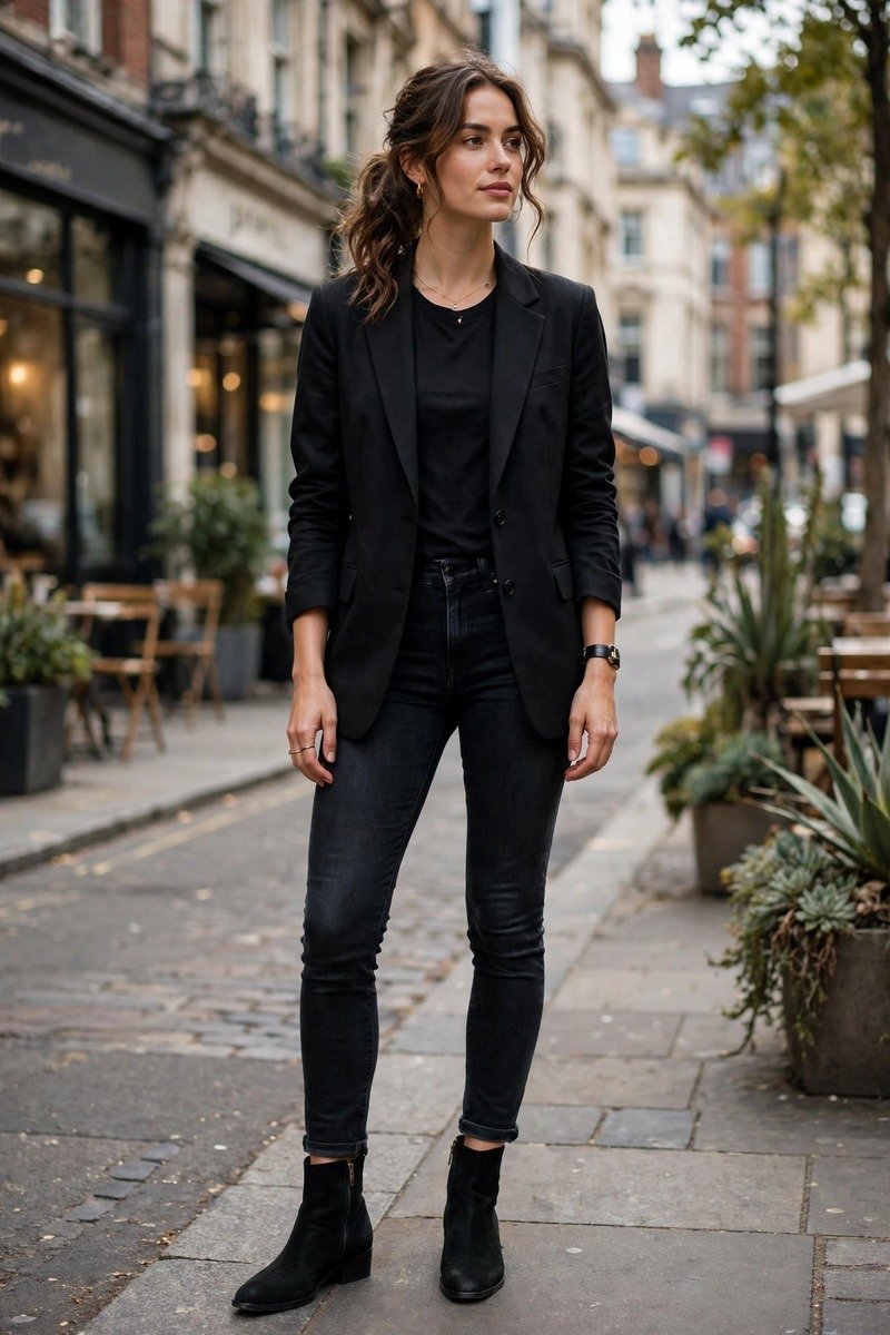 Black blazer with dark skinny jeans and black ankle boots