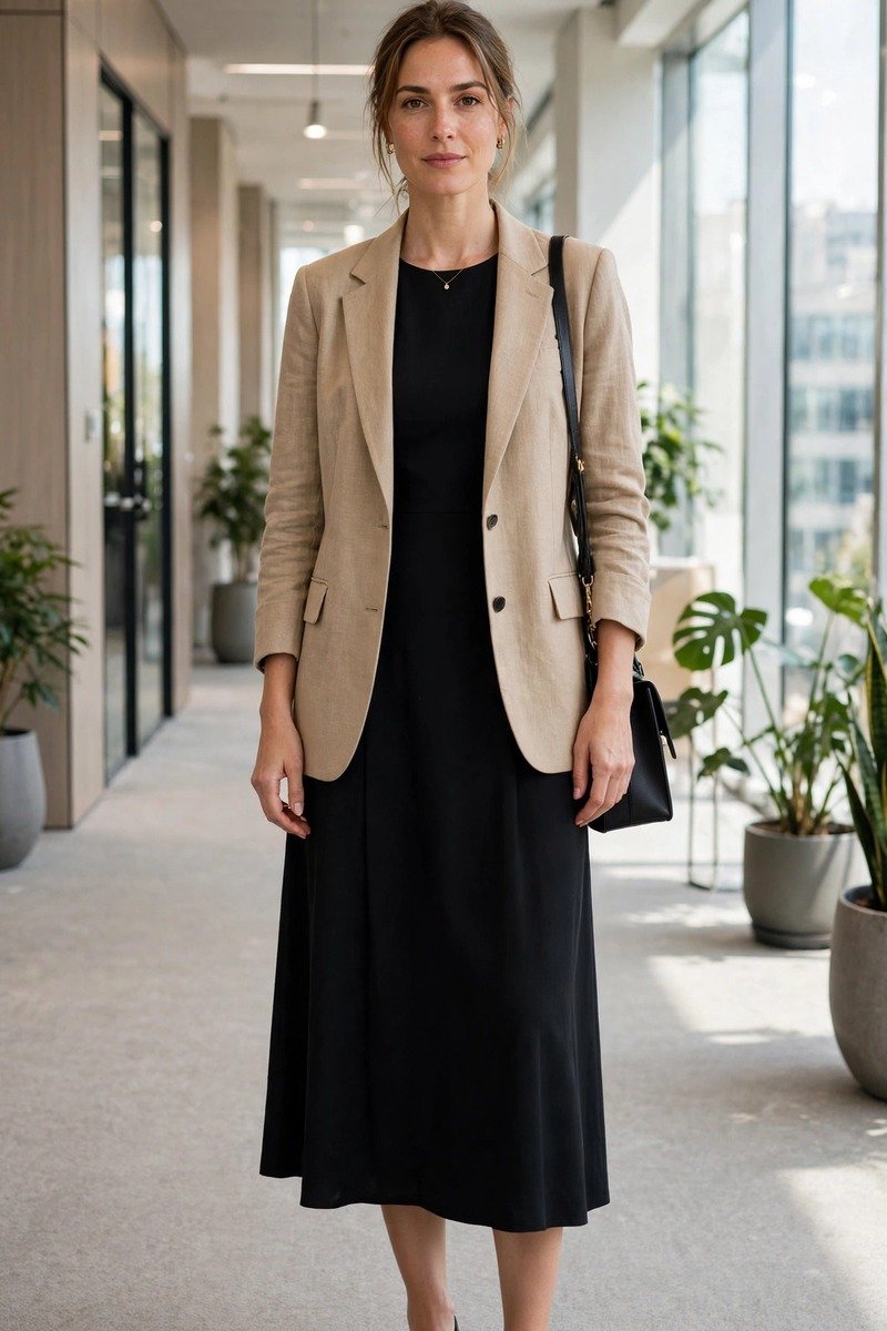 Woman in beige blazer over a black dress