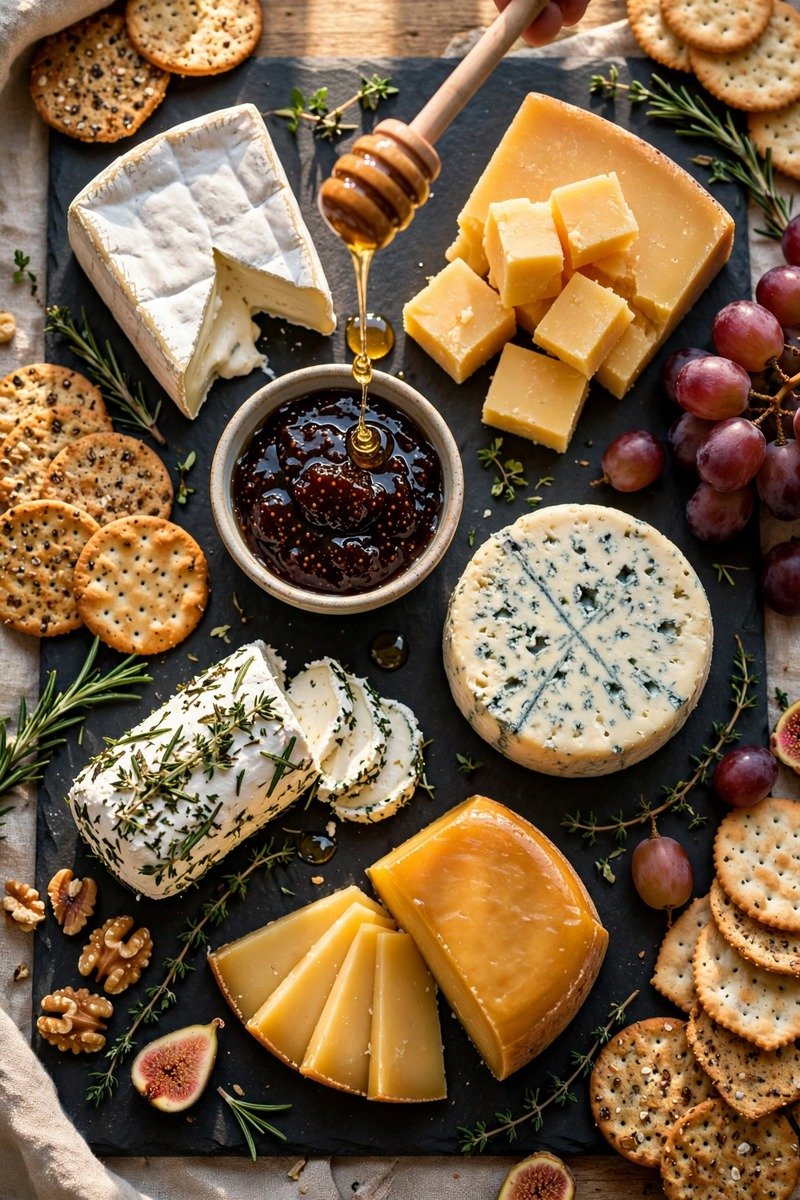 Cheese lover's charcuterie board with five cheeses and honey