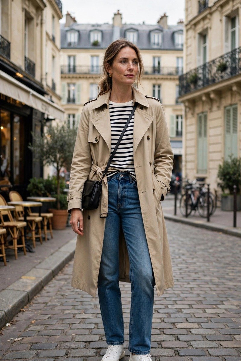 Woman in striped top, jeans, and trench coat