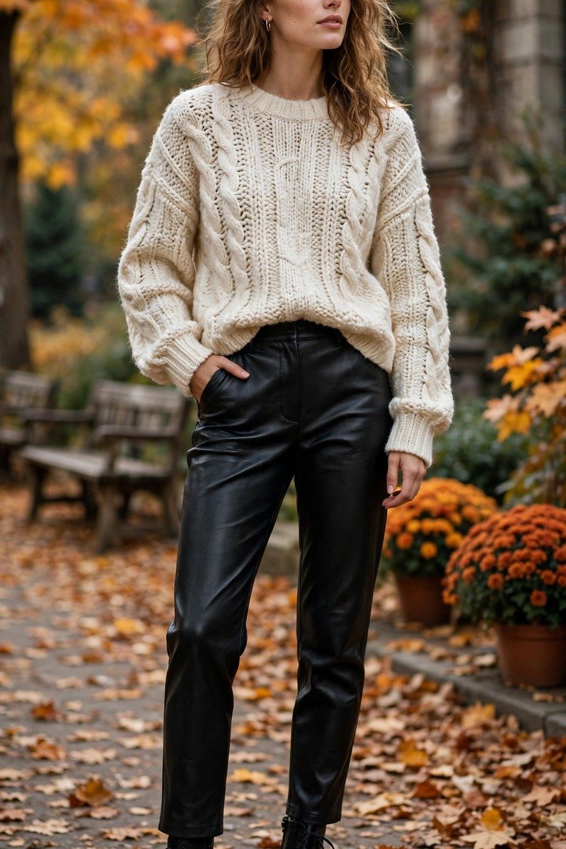Woman in leather pants with chunky knit sweater