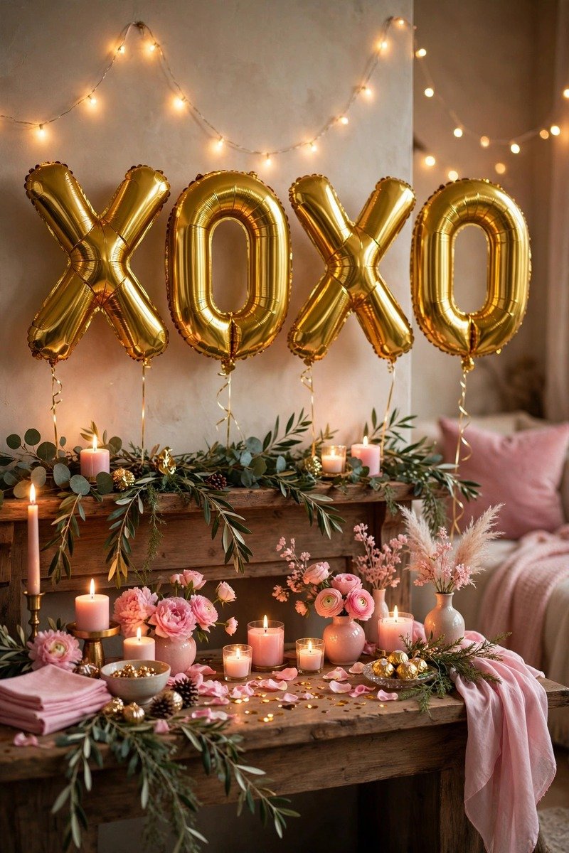 Gold XOXO letter balloons over a mantel