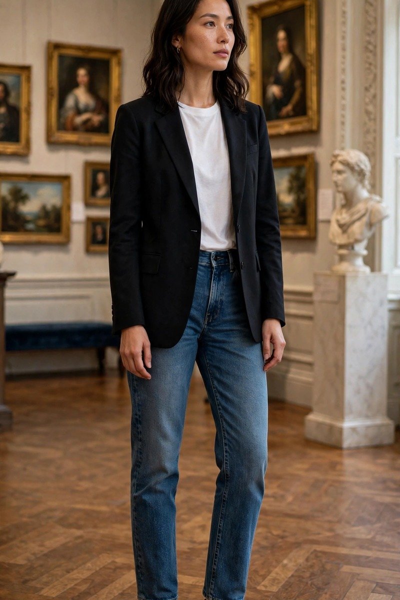 Woman in blazer, jeans, and ballet flats at a museum